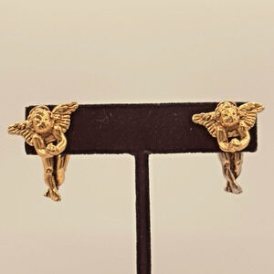 Vintage Angel Cherub Earrings EBJ Gold Tone Baroque Studs Elizabeth Brill